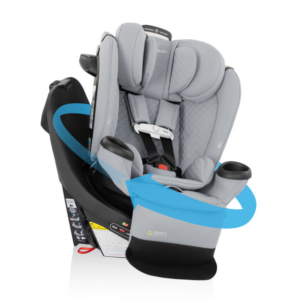 Evenflo Gold Revolve360 Extend All-In-One Rotational Car Seat With Sensorsafe in Gray fabric, black base, side view