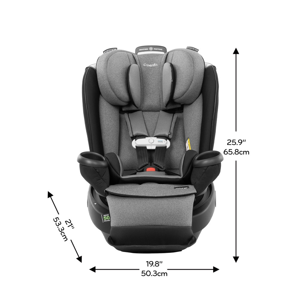 Evenflo Gold Revolve360 Extend All-In-One Rotational Car Seat with Sensorsafe in gray, shown upright.