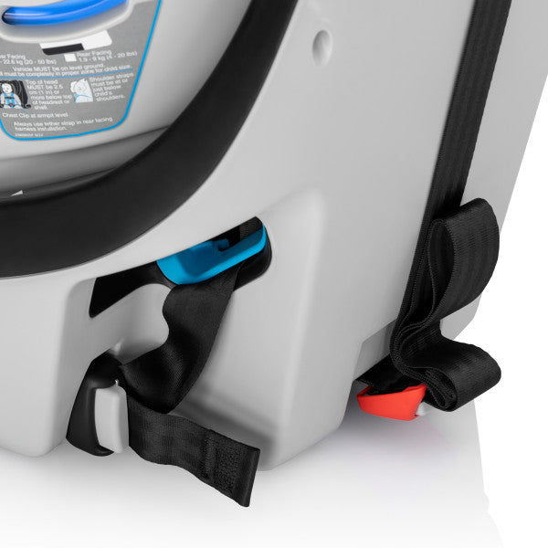 Evenflo Gold Revolve360 Slim 2-in-1 rotational car seat with Sensorsafe; gray exterior, blue harness adjuster