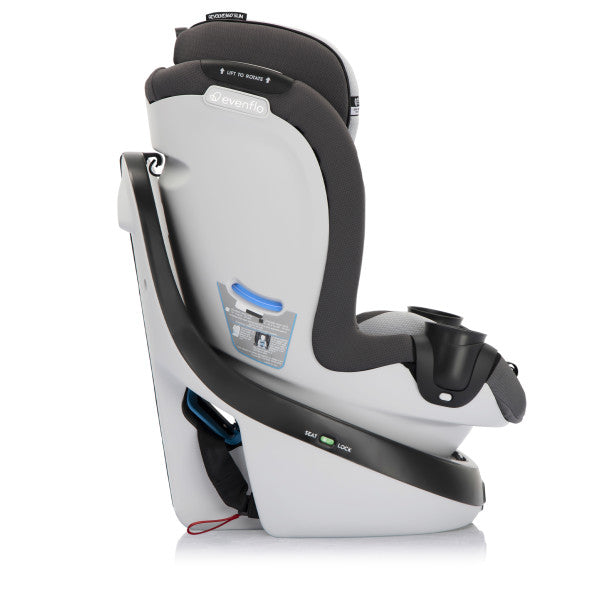 Evenflo Revolve360 Slim 2-in-1 rotational car seat in gray and black with SensorSafe