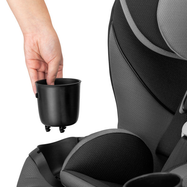 Evenflo Revolve360 Slim 2-in-1 rotational car seat with SensorSafe; black cup holder being attached.