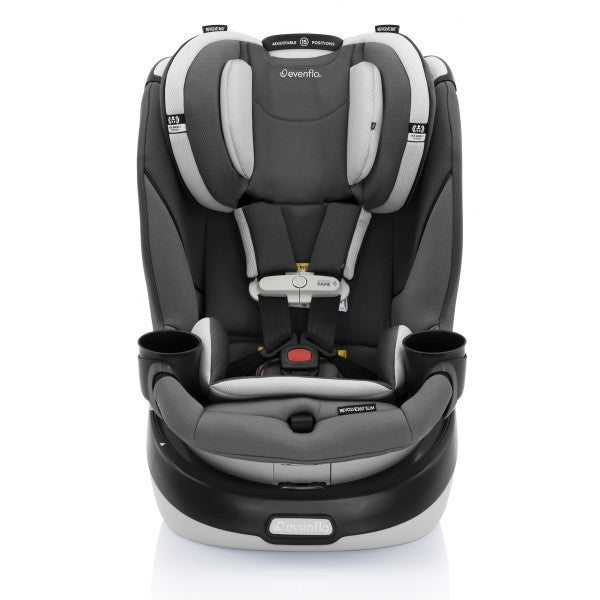 Evenflo Gold Revolve360 Slim 2-in-1 rotational car seat with Sensorsafe in grey/black fabric.