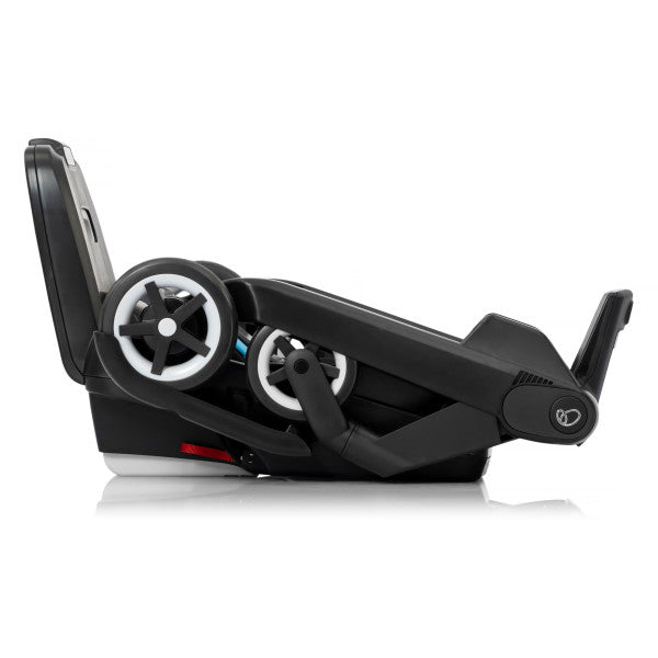 Evenflo Gold Shyft Dualride infant car seat and stroller combo folded for storage, black with white wheels