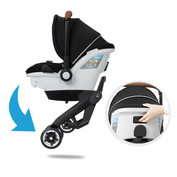 Evenflo Gold Shyft Dualride infant car seat and stroller with Carryall storage, black and white frame.