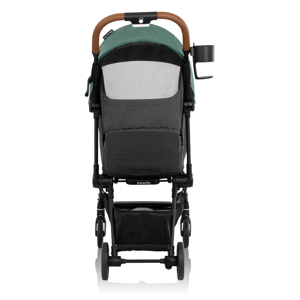 Evenflo Hummingbird stroller, ultra-lightweight carbon fiber frame with green canopy and brown leatherette handle