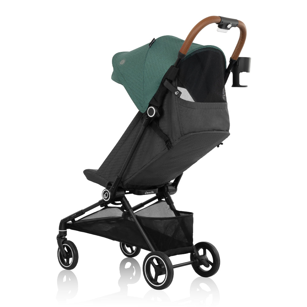 Evenflo Hummingbird Ultra-Lightweight carbon fiber stroller with green canopy and brown leather handle