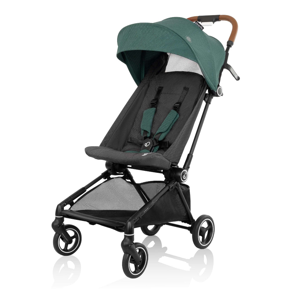 Evenflo Hummingbird ultralight stroller with green canopy and black carbon-fiber frame