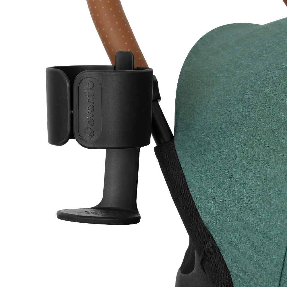 Evenflo Hummingbird ultralight carbon fiber stroller with black cup holder attached to green seat