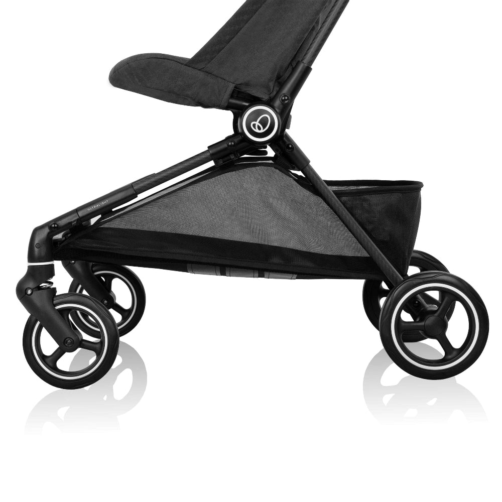 Evenflo Hummingbird ultralight carbon fiber stroller with black frame and mesh storage basket
