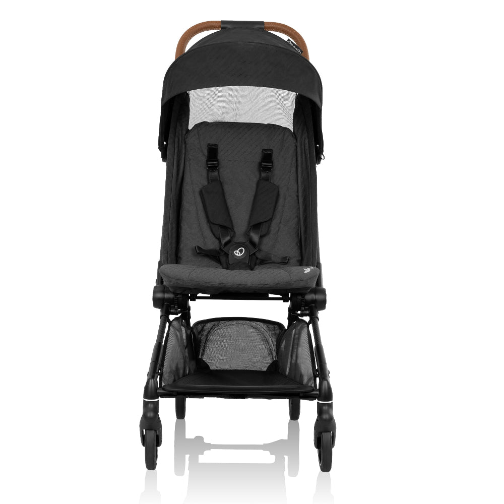 Evenflo Hummingbird ultralight carbon fiber stroller in black with mesh canopy and storage basket