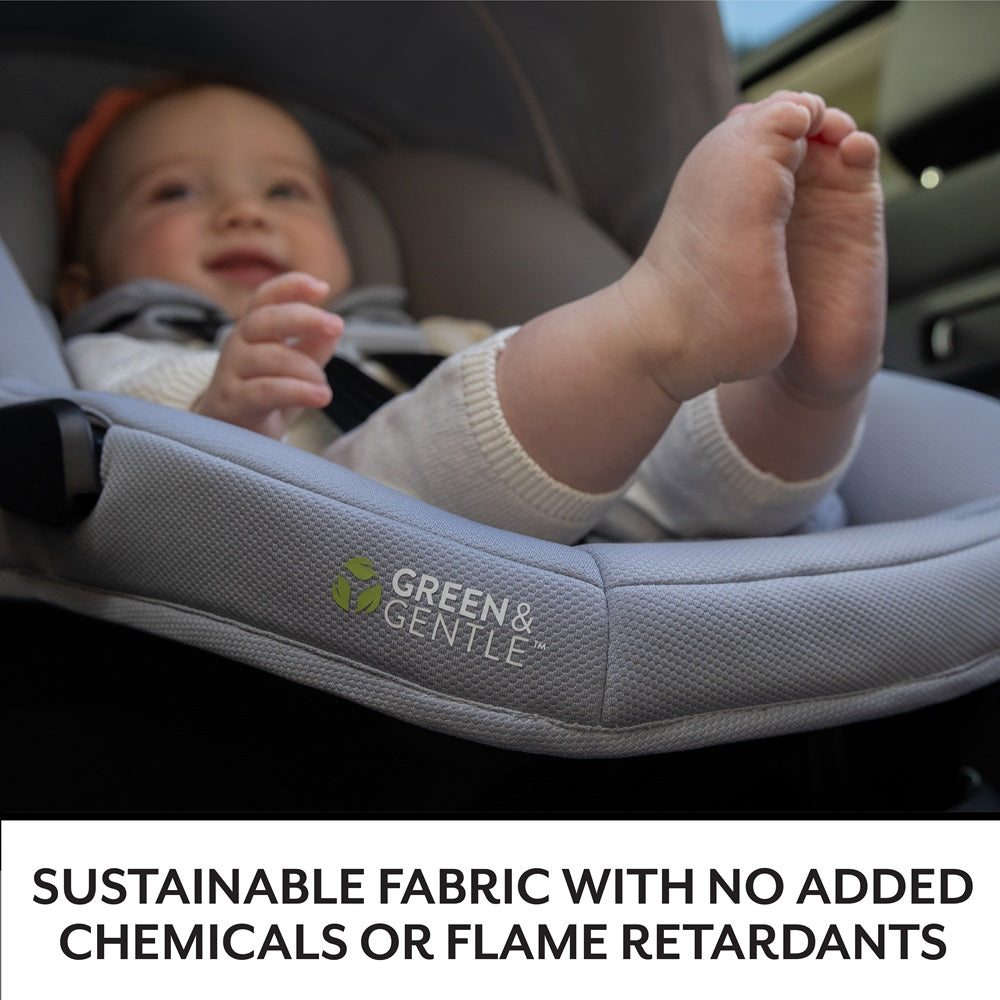 Infant car seat: Evenflo Revolve180 Litemax NXT in gray fabric with Sensorysoothe and Green & Gentle logo