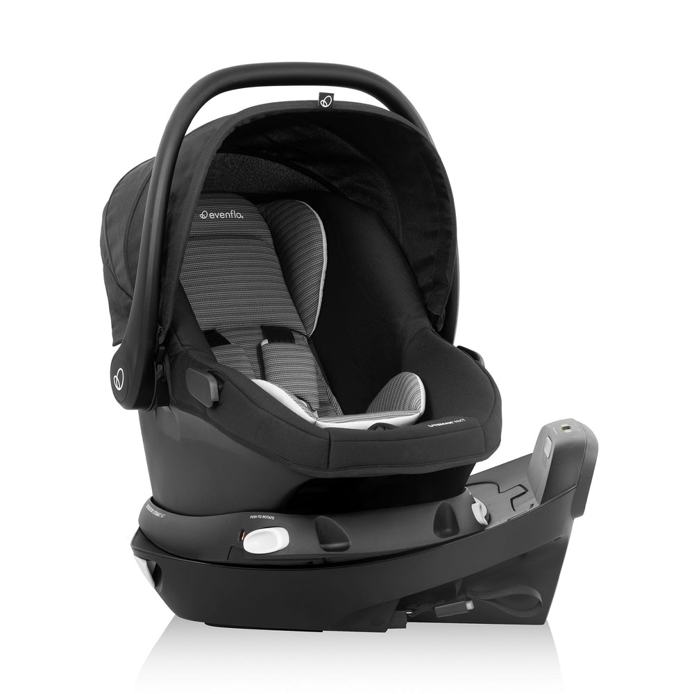Evenflo Revolve180 Litemax NXT rotational infant car seat in black with base and carry handle