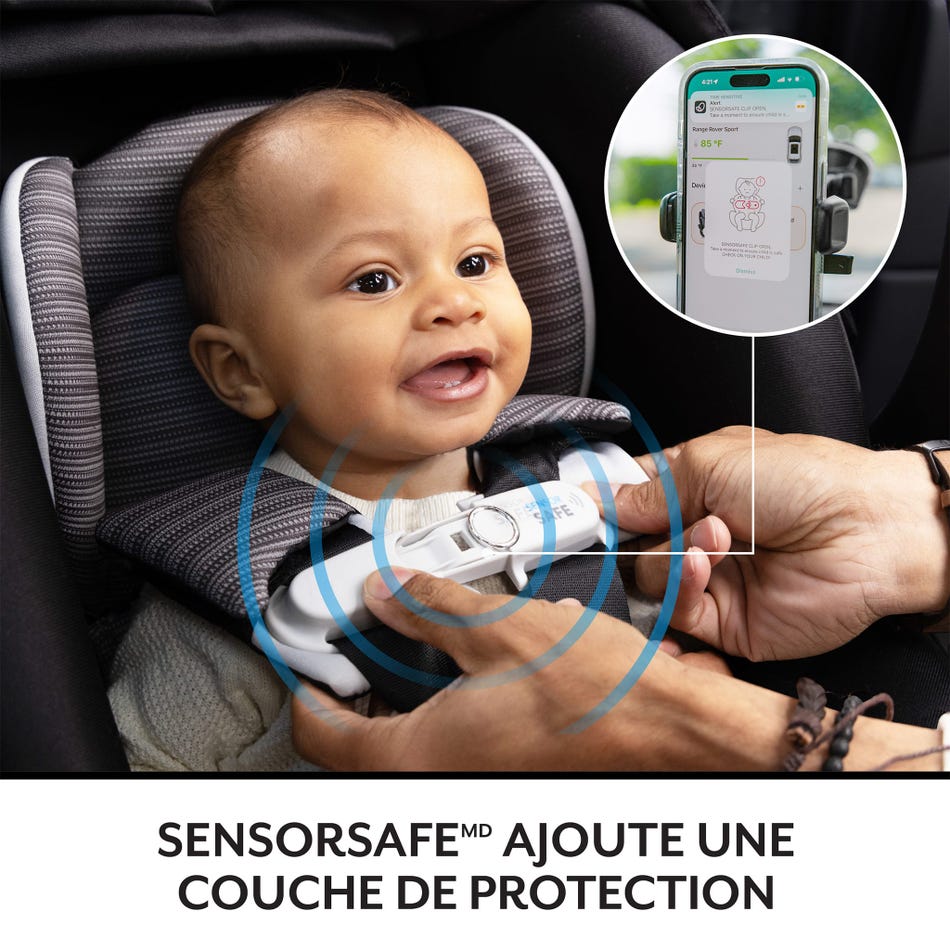 Infant car seat Evenflo Revolve180 Litemax NXT with 5-point harness in gray fabric; baby smiling