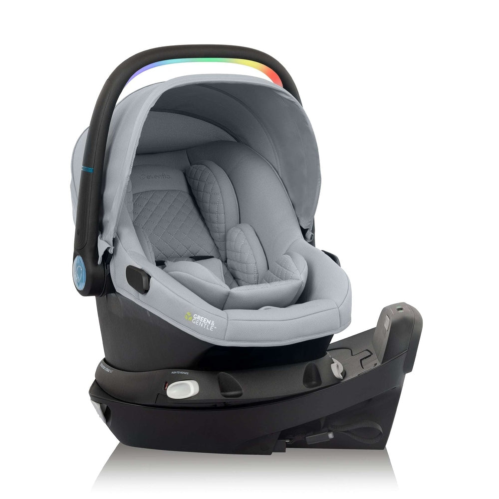 Evenflo Revolve180 Litemax NXT rotational infant car seat in gray fabric with Sensorysoothe