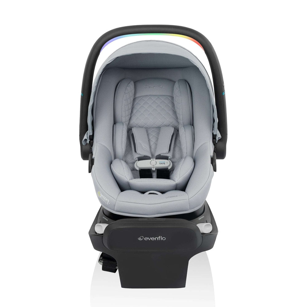 Evenflo Revolve180 Litemax NXT infant car seat in grey fabric with rainbow canopy arc