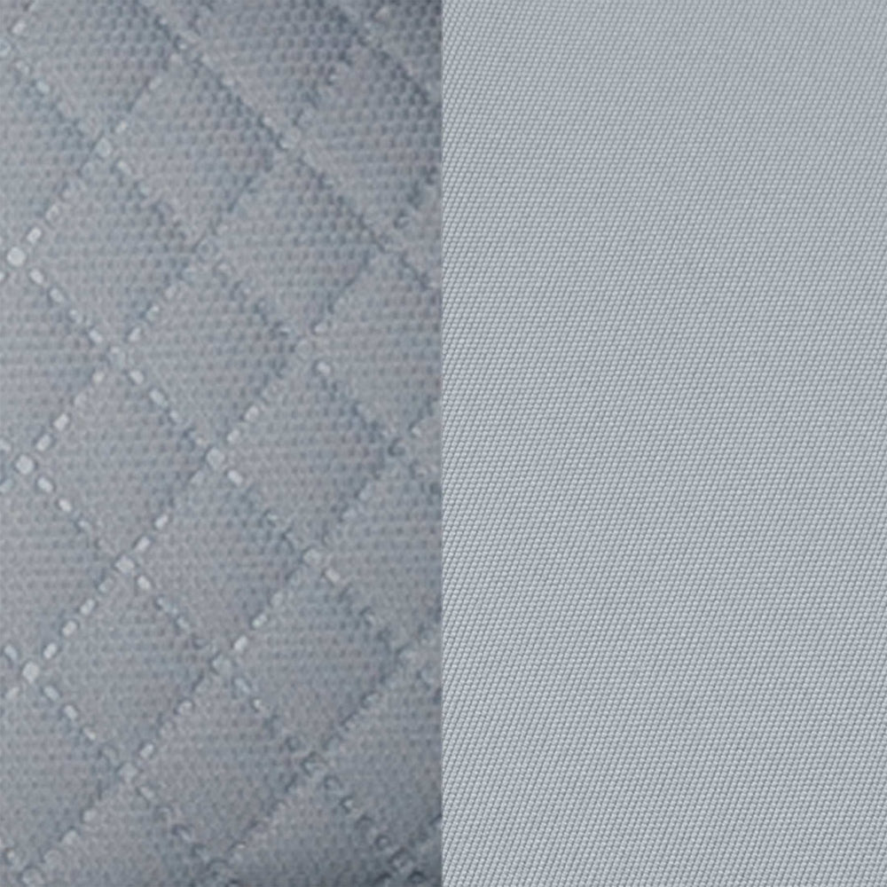 Evenflo Revolve180 Litemax NXT fabric swatch with quilted blue-gray left panel and smooth light-gray right panel.