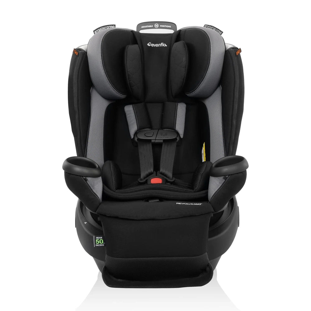 Evenflo Revolve360 Extend rotational all-in-one convertible car seat in Revere Gray with Quick Clean cover