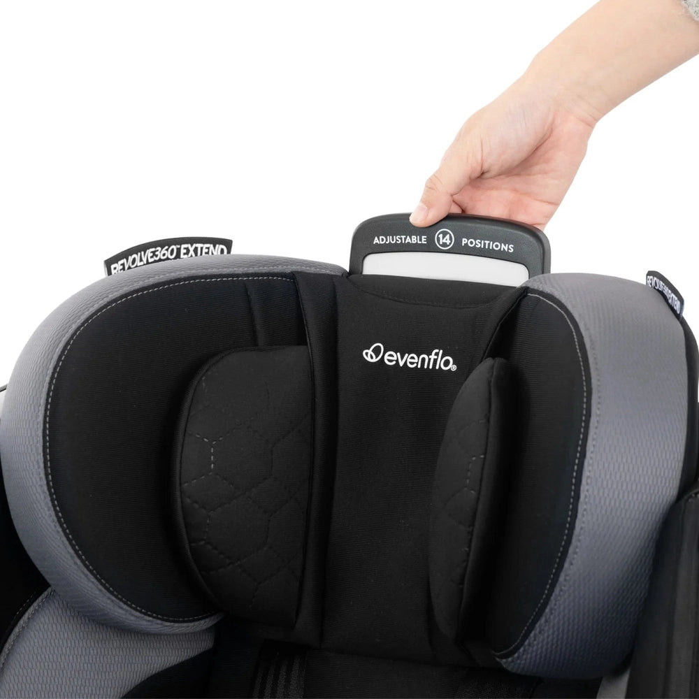 Evenflo Revolve360 Extend rotational all-in-one convertible car seat in Revere Gray with Quick Clean cover