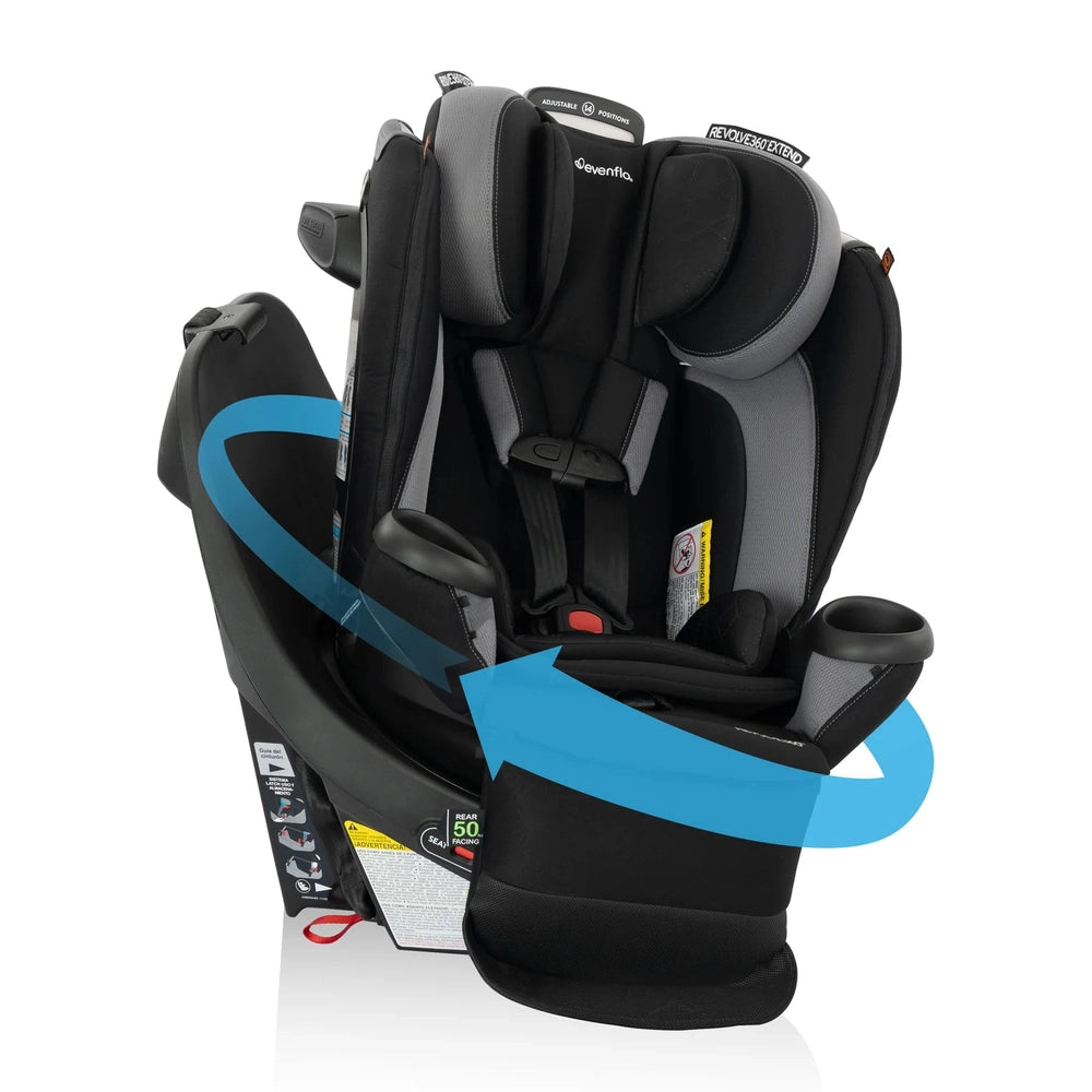 Evenflo Revolve360 Extend rotational all-in-one convertible car seat in Revere Gray with Quick Clean Cover