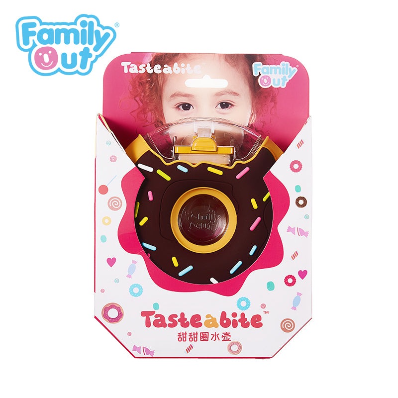 FamilyOut donut water bottle chocolate with yellow cap and sprinkles, kid-friendly beverage bottle