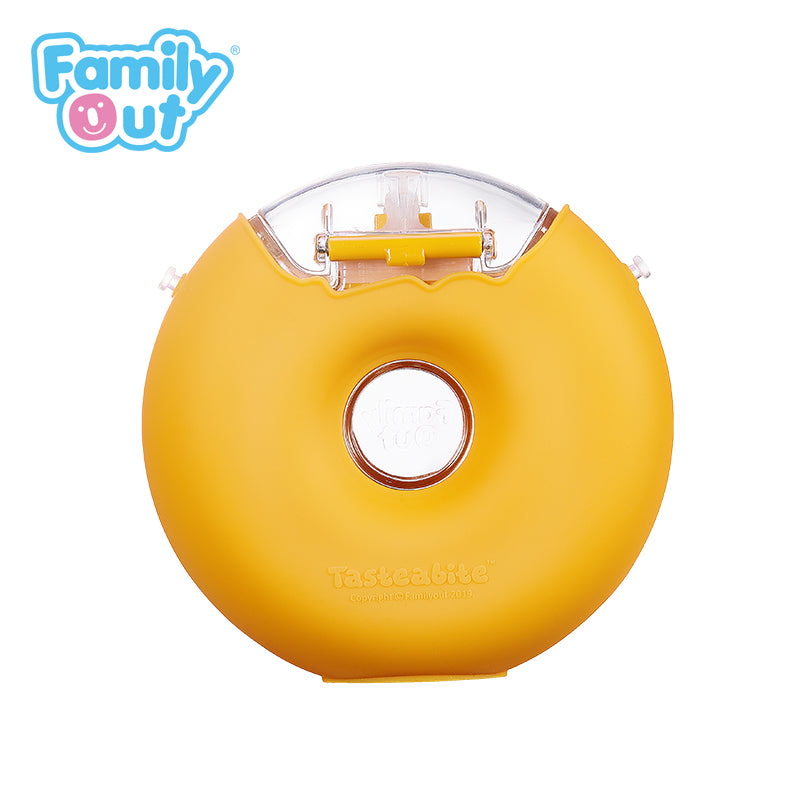 Familyout donut water bottle yellow with clear lid, chocolate flavor, branded FAMILY OUT