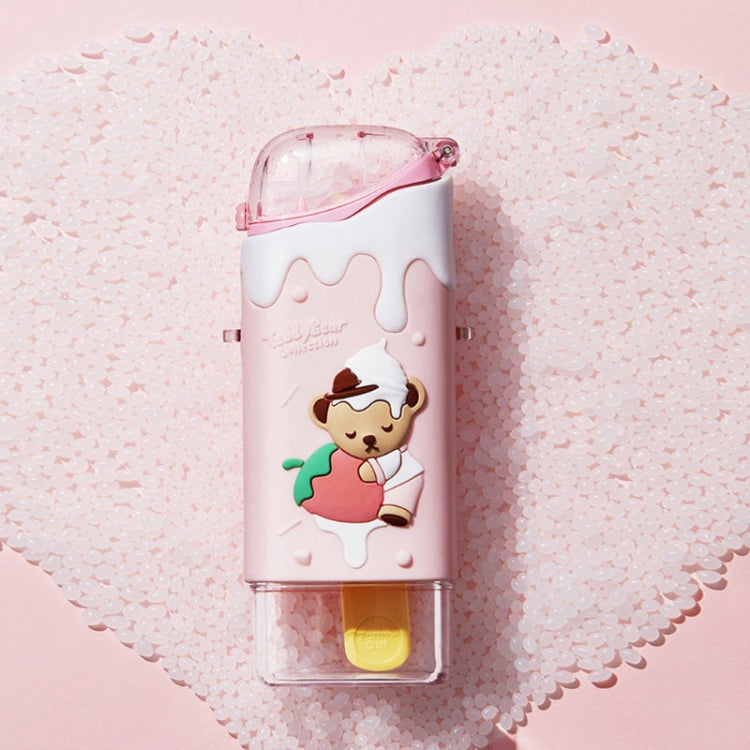 Familyout Teddy Bear Ice Pop Water Bottle, pink plastic with white drip cap and yellow spout