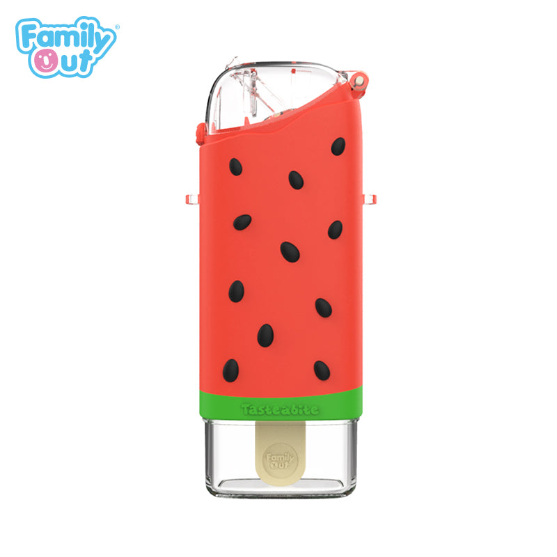 Familyout watermelon ice pop water bottle; red body with black seeds, green band, clear lid