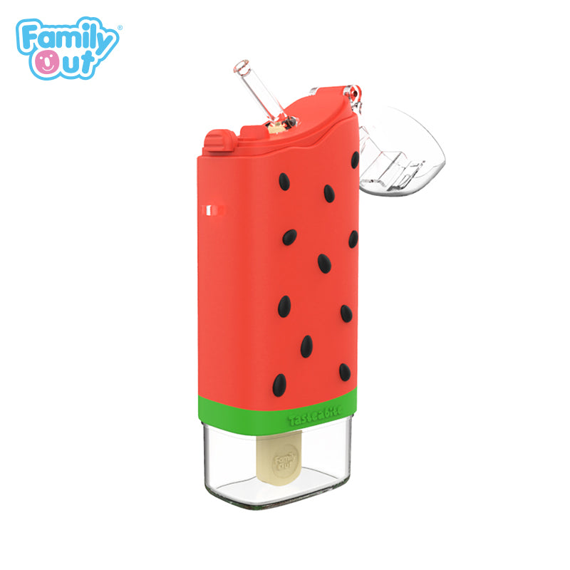 FamilyOut watermelon ice pop water bottle, red shell with black seed accents and clear bottom