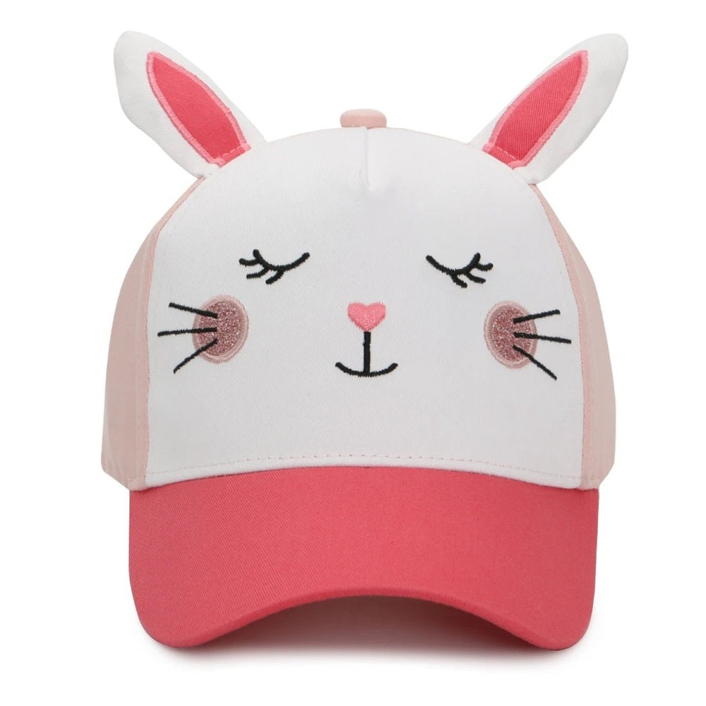 Flapjackkids 3D Bunny Cap; white front panel, pink brim, embroidered bunny face and ears