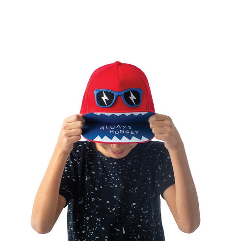 Flapjackkids 3D Cap Monster red cap with blue brim, monster eyes and ALWAYS HUNGRY text