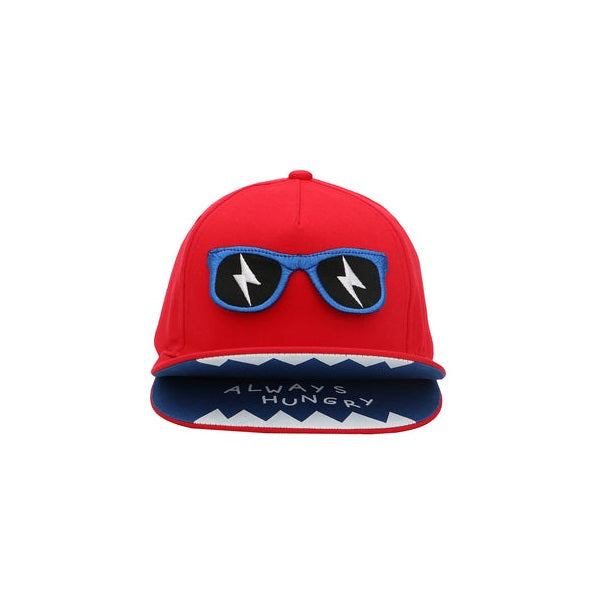 Flapjackkids 3D Monster Cap red baseball hat with blue sunglasses patch and Always Hungry inner brim