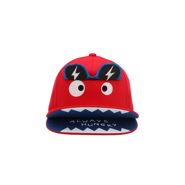 Flapjackkids 3D Monster Cap in red with blue brim, cartoon eyes and zigzag teeth