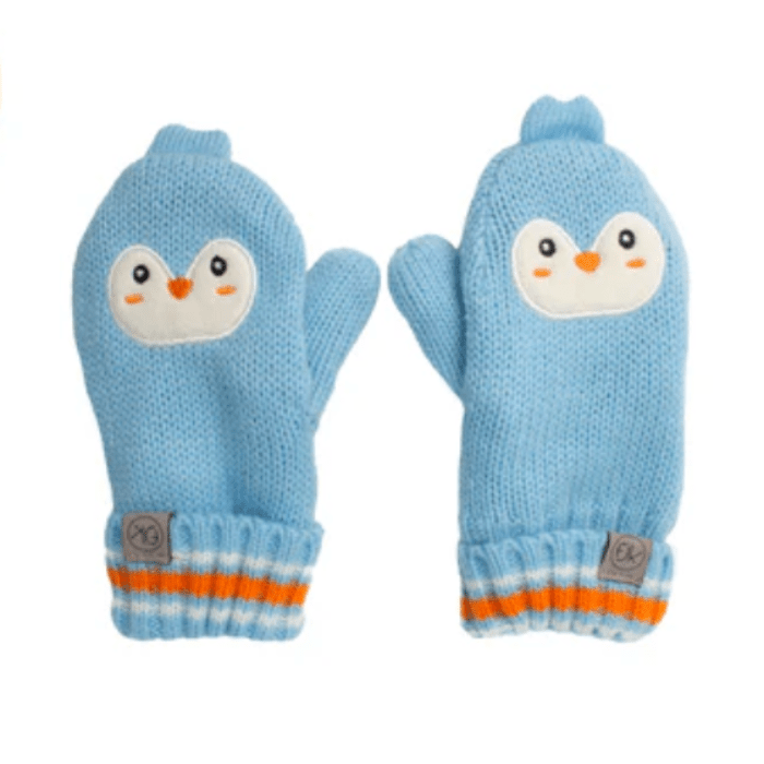 Flapjackkids Baby Knitted Mittens Penguin: blue knit mittens with ribbed orange-striped cuffs and penguin faces.