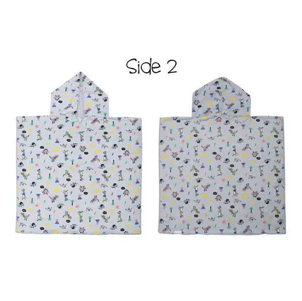 Flapjackkids Cover Up Dino poncho, light gray with colorful dinosaur print, two flat hooded sides shown.