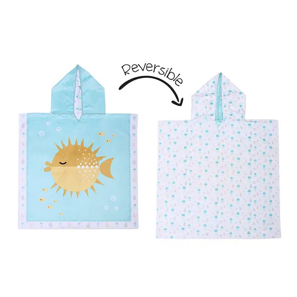 Flapjackkids Cover Up Fish/Jellyfish, reversible; blue sunfish side with a patterned reverse.