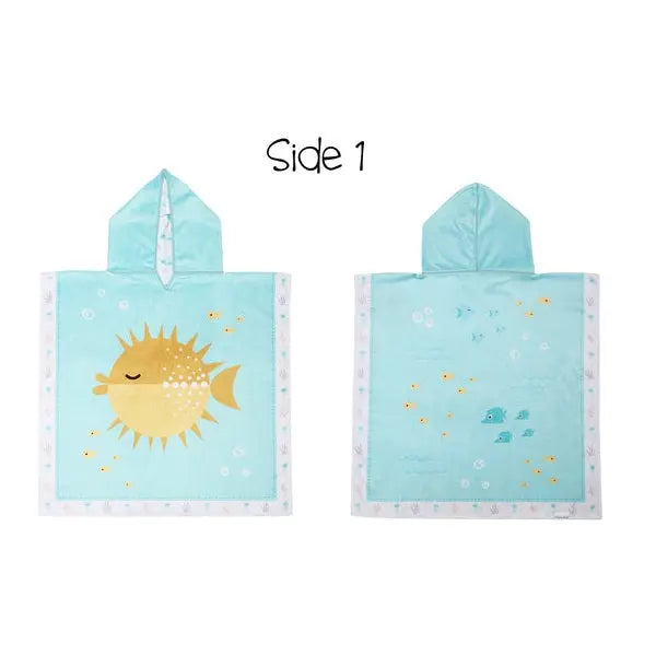 Flapjackkids Cover Up Fish/Jellyfish light teal hooded towel with white border, shown front and back.