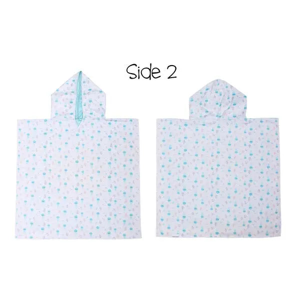 Flapjackkids Cover Up Fish/Jellyfish hooded bath wrap in white fabric with blue print, shown flat from two sides.