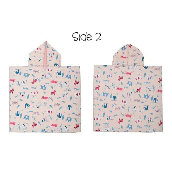 Flapjackkids Cover Up Giraffe/Zoo, beige hooded wrap with blue and pink animal prints, two views.