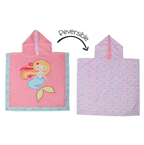 Flapjackkids Mermaid/Narwhal Cover Up pink with teal trim, reversible to pastel purple with tiny whale prints.