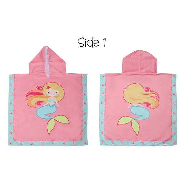 FLAPJACKKIDS Mermaid Narwhal Cover Up, pink with turquoise trim, two pieces laid flat showing mermaid prints.
