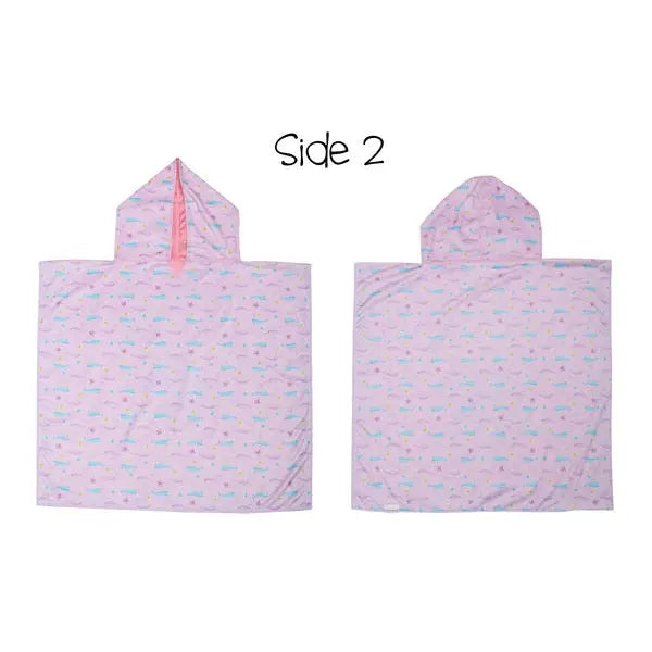 Flapjackkids Cover Up Mermaid/Narwhal in pink print, pink-lined hood visible, laid flat in two side views.