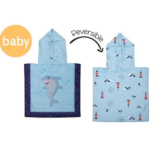 Flapjackkids Cover Up Shark/Nautical, light blue reversible towel shown with shark print on one side and nautical print on the other.