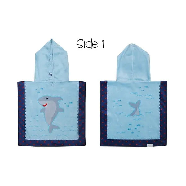 Flapjackkids Cover Up Shark/Nautical, light-blue with navy dotted border; two flat views show a friendly shark print and hood.