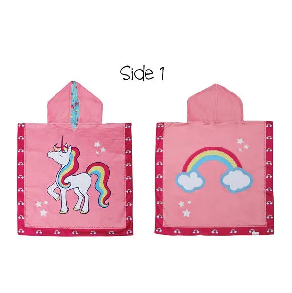 Flapjackkids Cover Up Unicorn/Tropical pink two-sided poncho; front unicorn with rainbow mane, back rainbow with clouds.