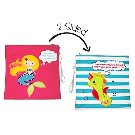Flapjackkids Kids 2 Sided Wet Bag set with two bags swapped sides, pink mermaid and blue striped seahorse, 2 pieces.