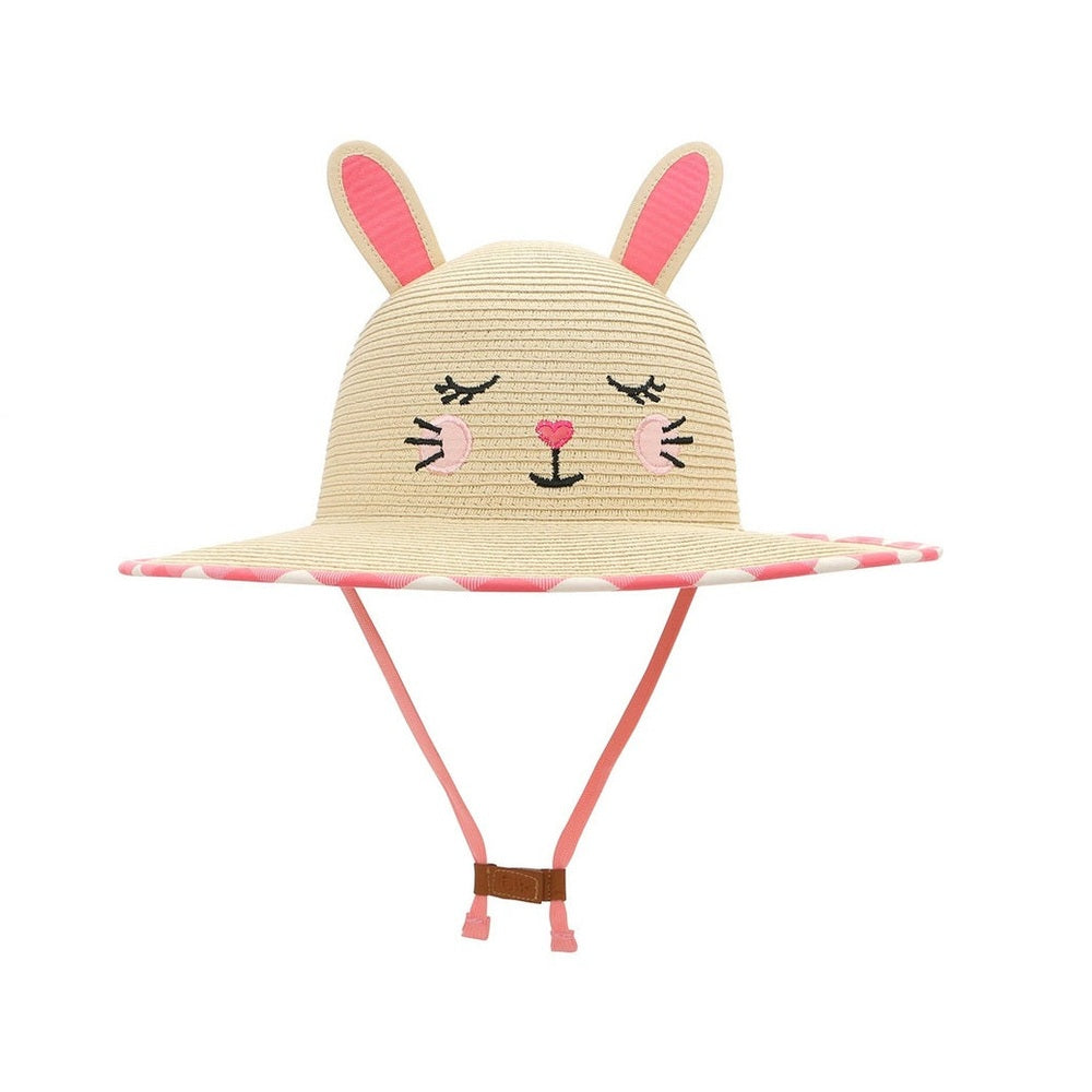 Flapjackkids Lifeguard straw hat bunny; beige woven straw with pink ears and chin strap