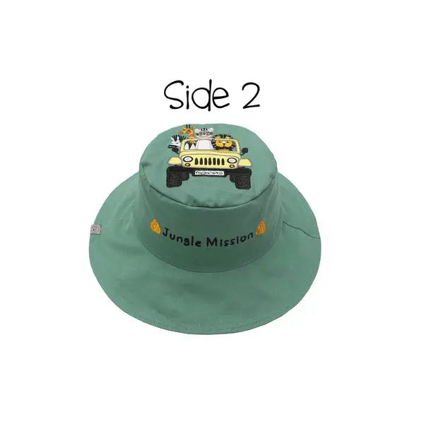 Flapjackkids Kids Sun Hat Tiger/Safari Truck in green with Jungle Mission embroidery on crown