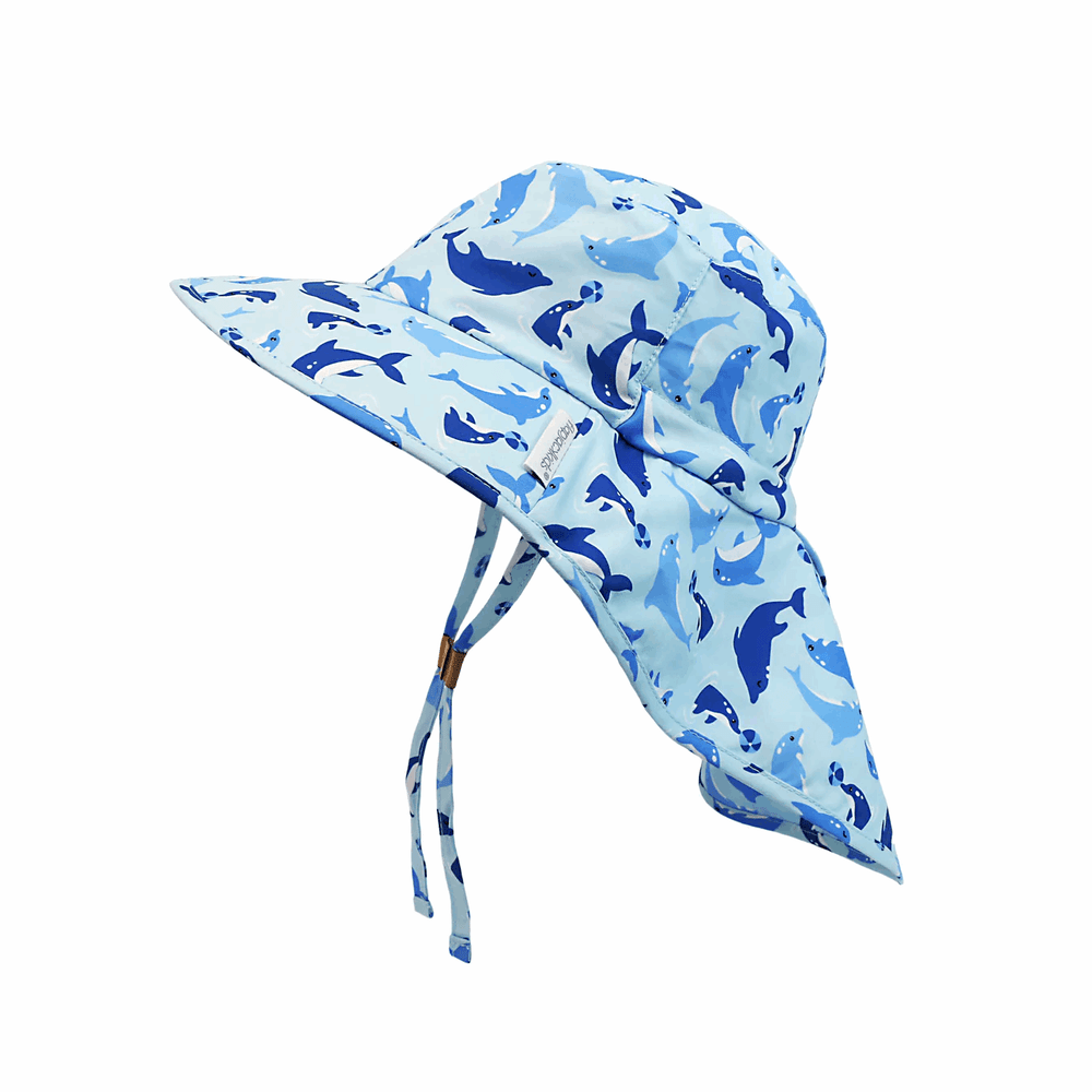Flapjackkids kids sun hat with neck cape in light blue dolphin print