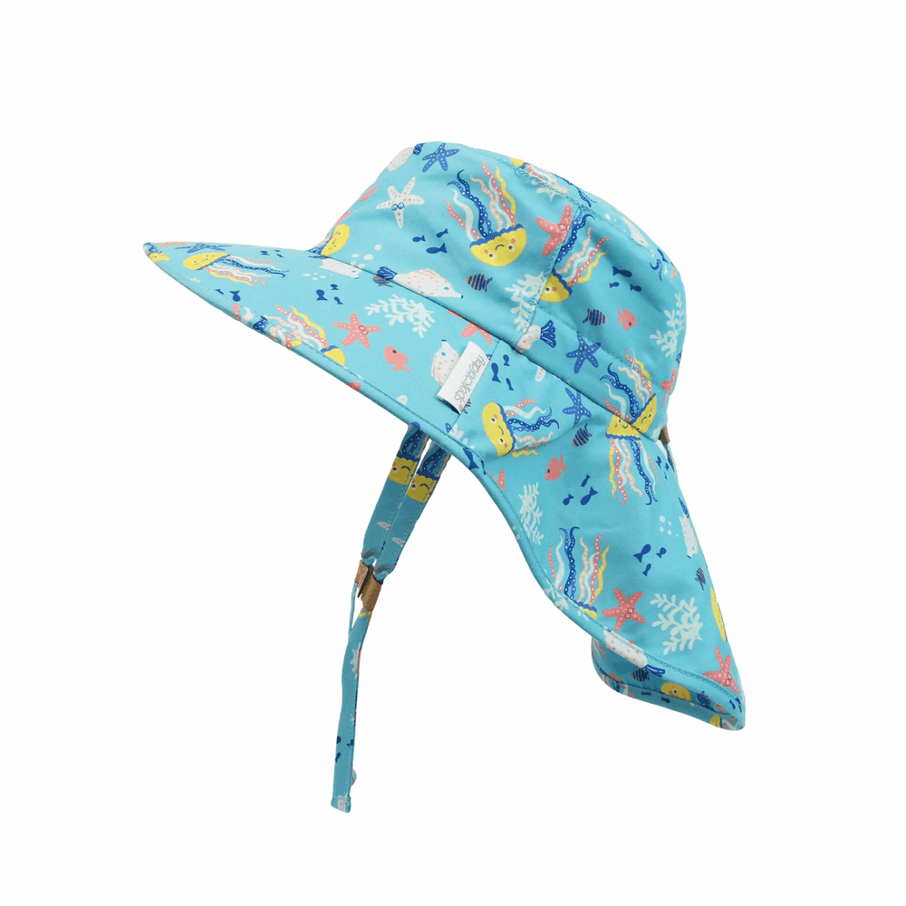 FLAPJACKKIDS kids sun hat with neck cape in turquoise jellyfish print