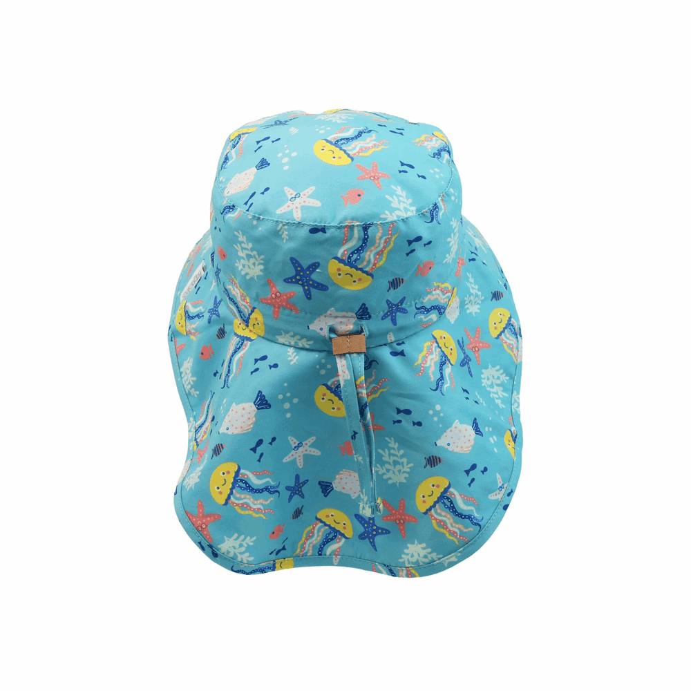Flapjackkids kids sun hat with neck cape in turquoise jellyfish print